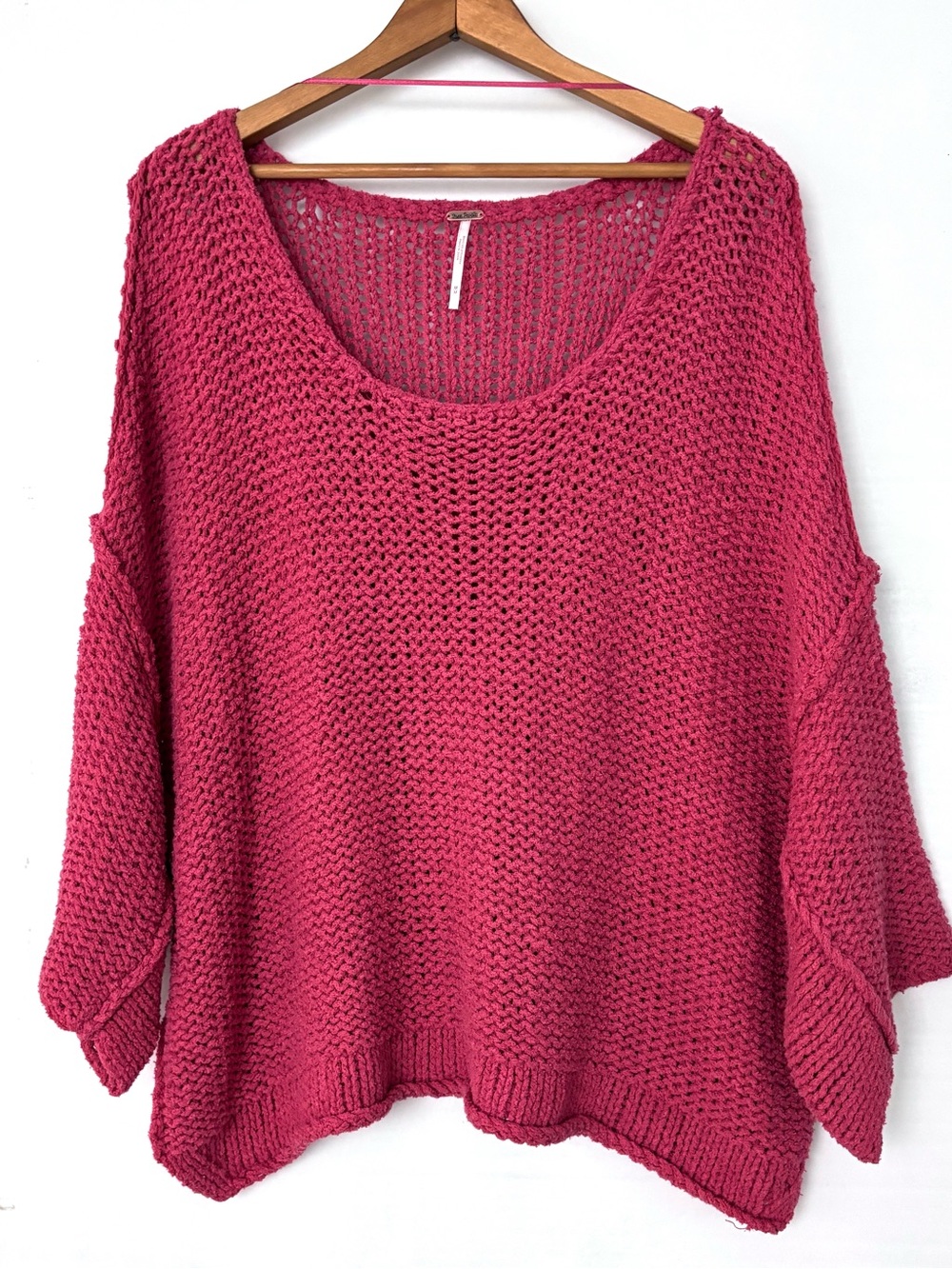 Free People Women's Oversized Boho Open-Knit Scoop Neck Sweater Coral